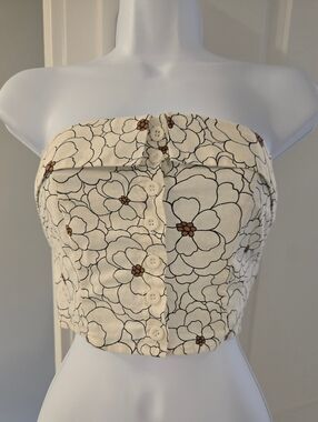 Forever 21 Strapless Linen Blend Floral Button-Front Crop Top Size S